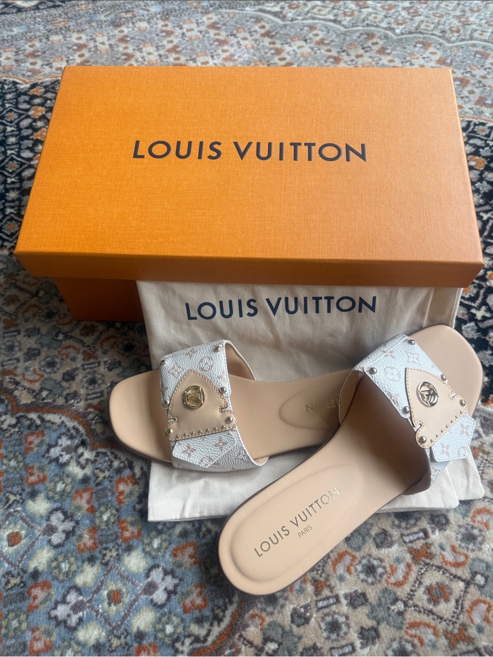 Louis Vuitton White Monogram Slide Sandals with Gold Accents